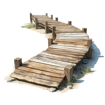 Aged wooden boardwalk winding gracefully through a natural landscape with sandy ground and grass