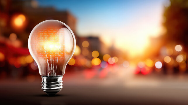 Light bulb binary code innovation urban sunset bokeh technology concept glowing idea light bulb binary code innovation urban sunset bokeh - Powered by Adobe