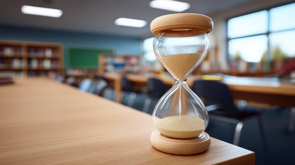Wooden hourglass sand timer library interior study desk focus concept of time management