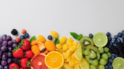A vibrant image showcasing a colorful assortment of fresh fruits arranged in a rainbow spectrum against a light gray background