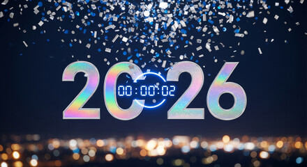 Image of shiny number 2026 with confetti and city bokeh lights, displaying a digital countdown clock, representative of a new year celebration