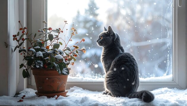 A fluffy, gray cat sits on a snowy windowsill, looking out at a winter wonderland with a potted plant