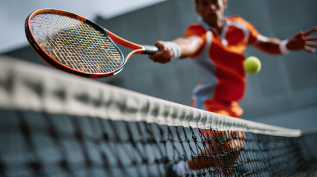Tennis net action moment player mid volley close crop dynamic focus outdoor match