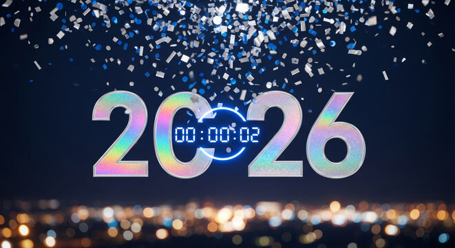 Image of shiny number 2026 with confetti and city bokeh lights, displaying a digital countdown clock, representative of a new year celebration - Powered by Adobe