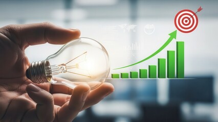 Illuminated vintage-style Edison lightbulb, delicately held in a tanned human hand, radiating a warm glow against a blurred modern office backdrop overlaid with digital charts and a vibrant green