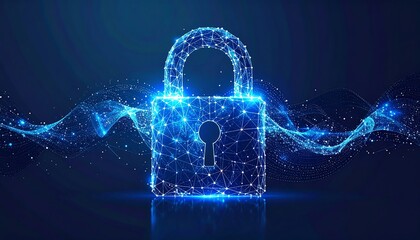 Security lock with digital network lines for cybersecurity concept
