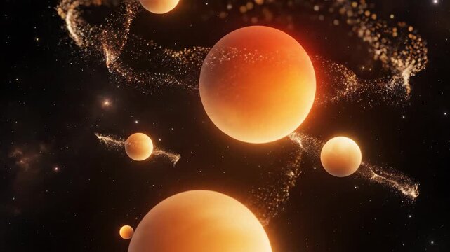 Abstract glowing orbs of warm amber and orange energy ascend amidst a swirling cosmic nebula, representing celestial wonder and digital art.