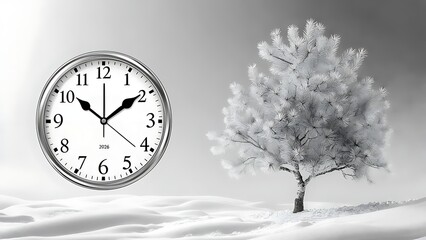 A clock face beside a frost-covered tree in a snowy landscape, showcasing time in a stark, white, and monochrome environment