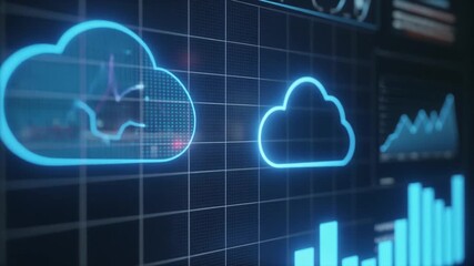 Abstract visualization of digital cloud computing technology and data analysis on a network interface, representing global connectivity and secure data storage for enterprise solutions - Powered by Adobe