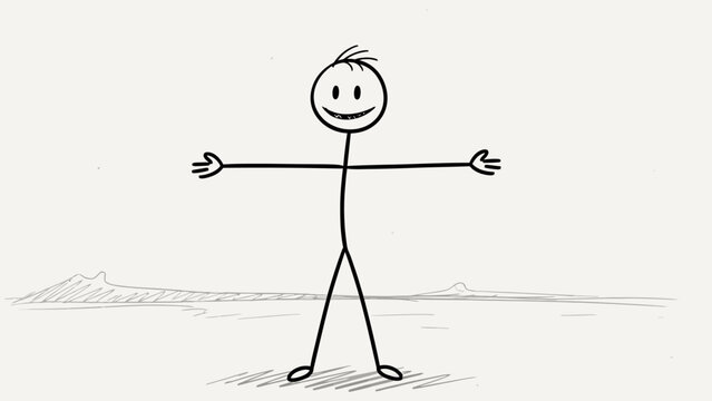 A simple stick figure with outstretched arms and a smiling face stands in a minimalist landscape.