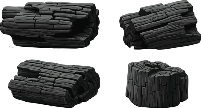 Natural black charcoal and burnt wood log vector set featuring detailed charred textures and organic timber shapes isolated on white background