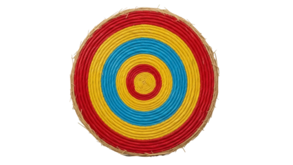 Isolated woven target made of straw, red, blue, and yellow, colorful circular design handmade