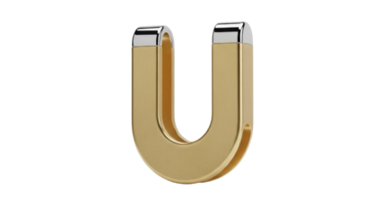 Isolated horseshoe magnet 3D rendering illustration, golden horseshoe metallic object concept