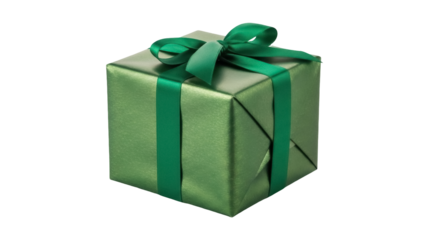 Isolated gift box with green wrapping paper and satin bow for Christmas or birthday present