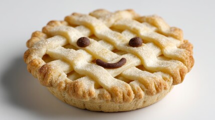 Close-up of a small pastry with a lattice crust and chocolate chip face, placed on a white surface, showcasing baking skills