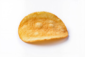 Crispy fried potato slice with a curved shape and a textured surface. Minimalistic composition with soft shadow against a clean white studio background.