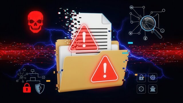 Dramatic, digitally-rendered illustration of a vulnerable yellow folder containing sensitive documents, partially corrupted by glitching pixels and overlaid with a prominent red warning triangle, set