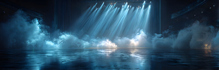 Stage lights illuminate dark space with blue beams piercing through smoke. Empty theater floor awaits performers, creating dramatic atmosphere for shows.