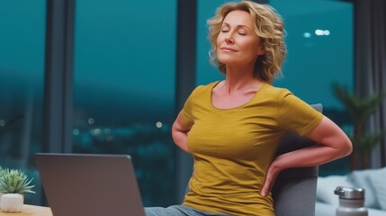 Woman suffering from lower back pain while working late at night