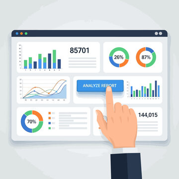 A hand interacts with a digital dashboard displaying various colorful graphs and charts for data analysis.