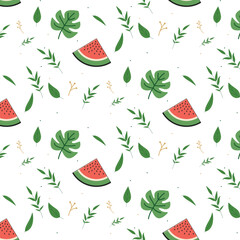 A cute seamless pattern of tropical leaves in a charming style. It features watermelon and monstera leaves.