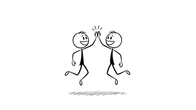 Two stick figures joyfully high-fiving each other while jumping in the air.