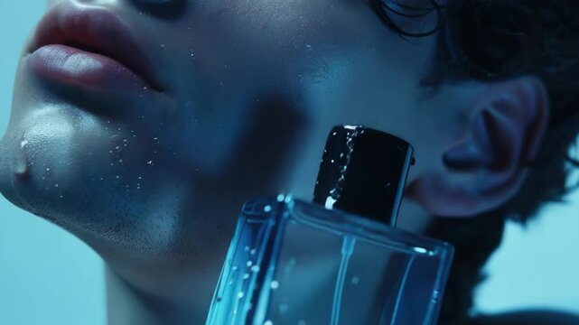 A stylish man splashes water on his face while holding a blue perfume bottle.