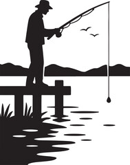 Silhouette of a man fishing from a wooden pier with birds flying overhead dock