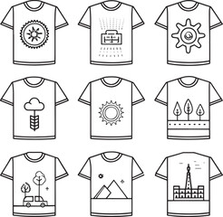 Nine t shirts with black line art graphic designs of nature technology and landmarks t shirt design vector