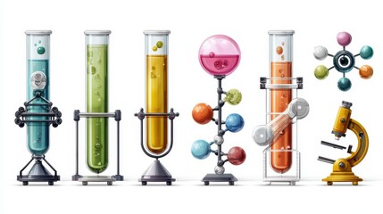 An illustrated depiction of lab equipment, including various colorful flasks, beakers, and a microscope. The images have a cartoon-like style