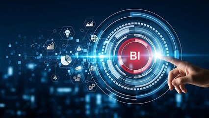 Business intelligence concept with a hand interacting with a futuristic interface on a dark background with glowing blue lines and icons