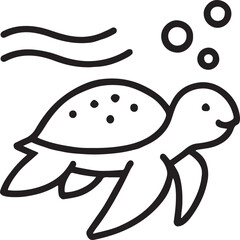 Simple black outline illustration of a sea turtle swimming underwater with waves and bubbles ocean