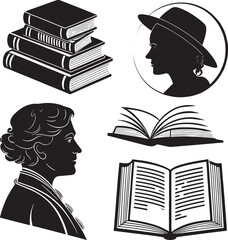 Stack of books open books and silhouette profiles of women book stack reading