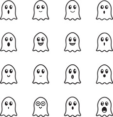 Sixteen cartoon ghosts with different facial expressions in black and white halloween spooky