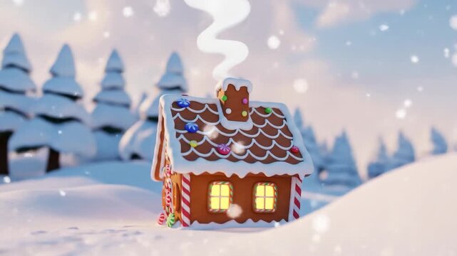 A whimsical gingerbread house decorated with candy in a snowy winter forest.