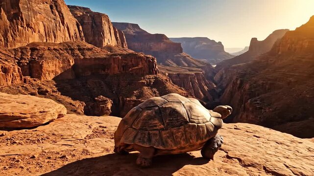 Ancient Tortoise Navigates Dramatic Rugged Canyon Landscape Under Sunlight
