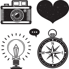 Vintage camera heart lightbulb and compass icons with distressed texture retro camera film camera