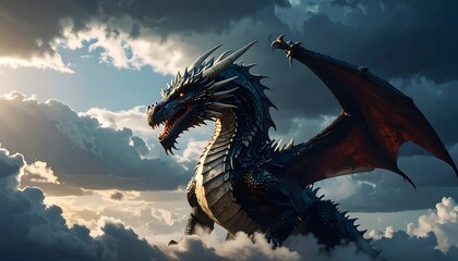 A majestic dragon soars gracefully amongst fluffy clouds, its gaze fixed in the sky, sunlight illuminates the scene, fantasy-like