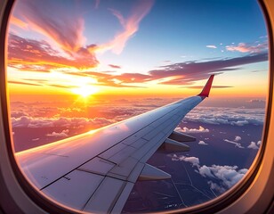 Obraz premium Aerial view of a radiant sunset, visible from an aircraft window, highlighting a wing's silhouette against colorful clouds
