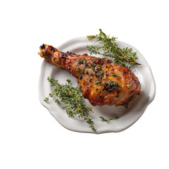 Juicy roasted turkey drumstick with fresh thyme sprigs, perfect for holiday feasts and savory food promotions, promising delicious flavor and rustic charm