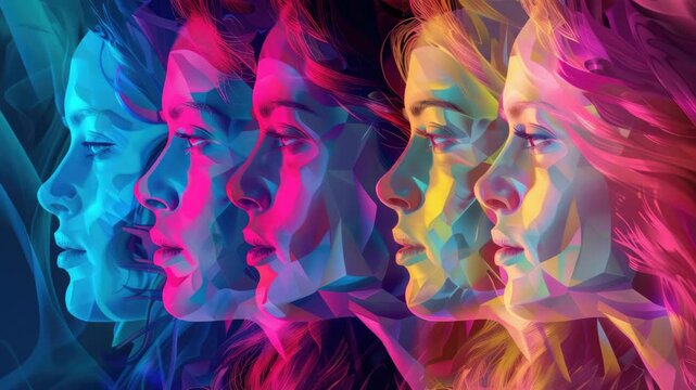 Vivid digital artwork depicting the profile of a woman with gradient hues transitioning from purple to yellow and orange