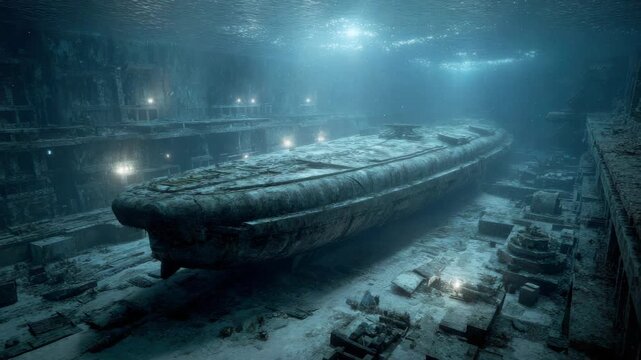 Mysterious sunken submarine in underwater ruins with subdued lighting