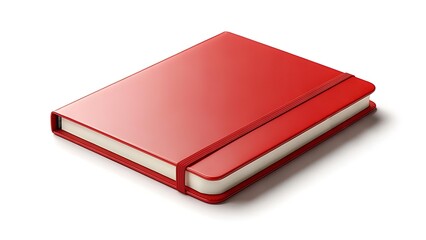 A closed, red notebook with a matching elastic band. Soft beige pages are visible between covers. Clean white background