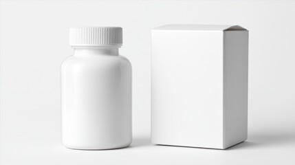 A white plastic bottle with a twist-off cap and a matching rectangular box stand side-by-side, on a neutral light surface