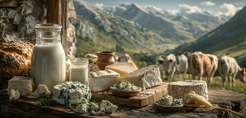Fresh dairy products like milk, cheese sit on table. Cows graze in green mountain pasture under blue sky. Scene conveys natural, farm-fresh quality. Shows healthy food sourced from rural farms.