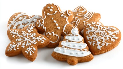 Assortment of decorated festive baked treats. Various shapes gingerbread man, star, heart, Christmas tree, and round cookies. Icing details. On white background