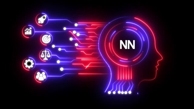 AI Head with NN and Business Icons Connected by Circuits. Neural Network concept with glowing neon head outline and circuit board connections on black background