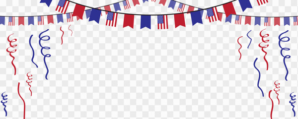 USA Patriotic Celebration Banner with American Flag Bunting and Red Blue Streamers on Transparent Background