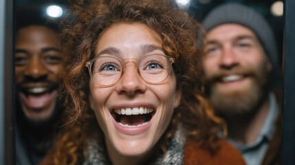 Fototapeta premium Close Up Portrait of a Joyful Young Woman with Glasses Smiling and Expressing Happiness with a Group of Diverse Friends in a Doorway or Elevator