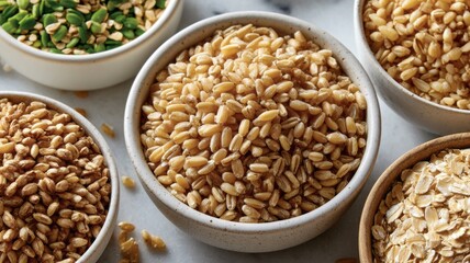 Obraz premium A white bowl filled with oatmeal is placed next to a bowl of wheat flakes. The wheat flakes are sitting on top of a white bowl of rice. The scene is set on a marble countertop